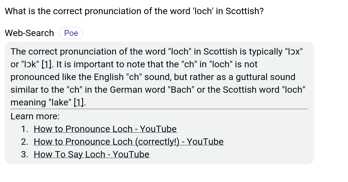 What is the correct pronunciation of the word 'loch' in Scottish? Poe
