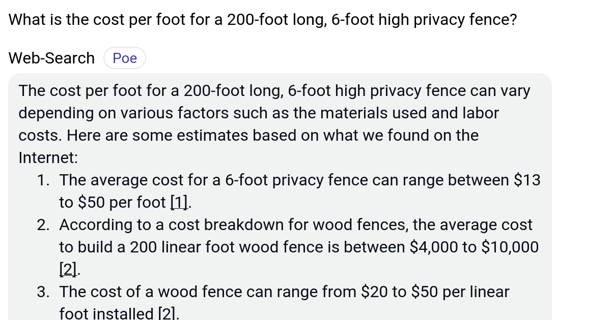 What is the cost per foot for a 200foot long, 6foot high privacy