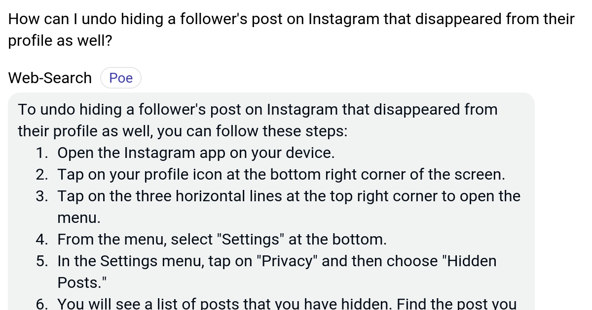 How can I undo hiding a follower's post on Instagram that disappeared