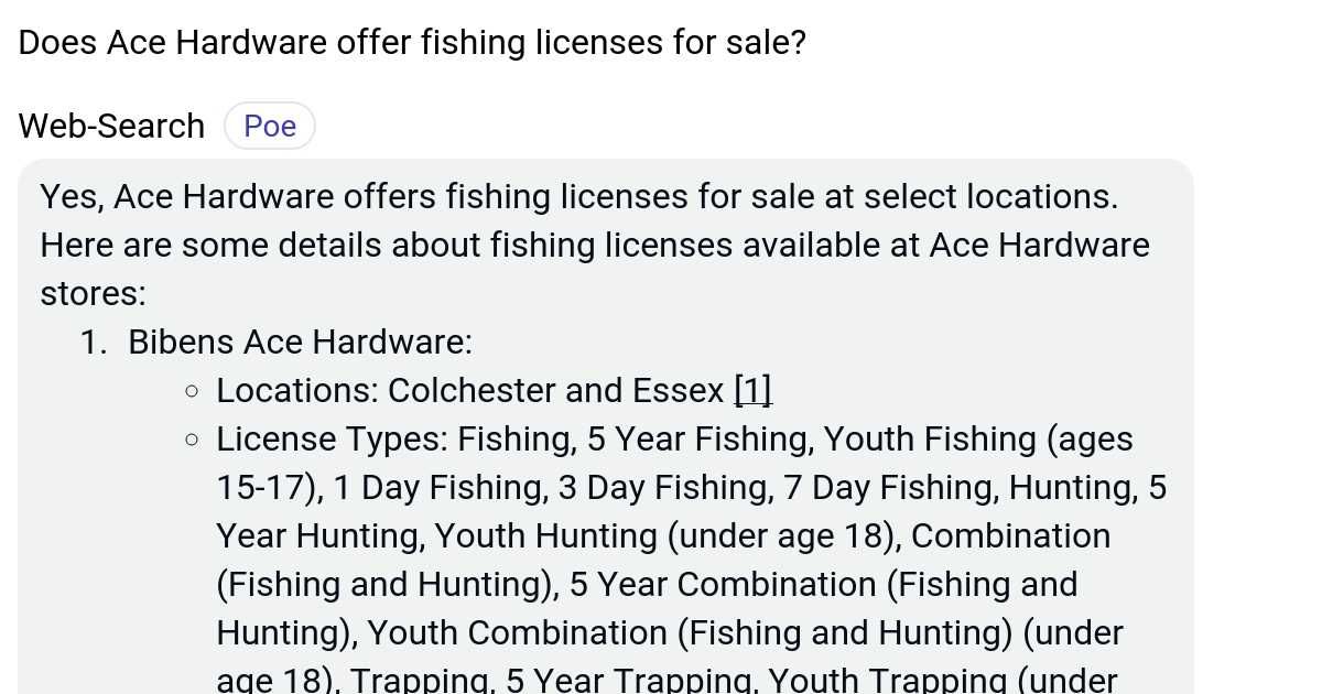 Does Ace Hardware offer fishing licenses for sale? Poe