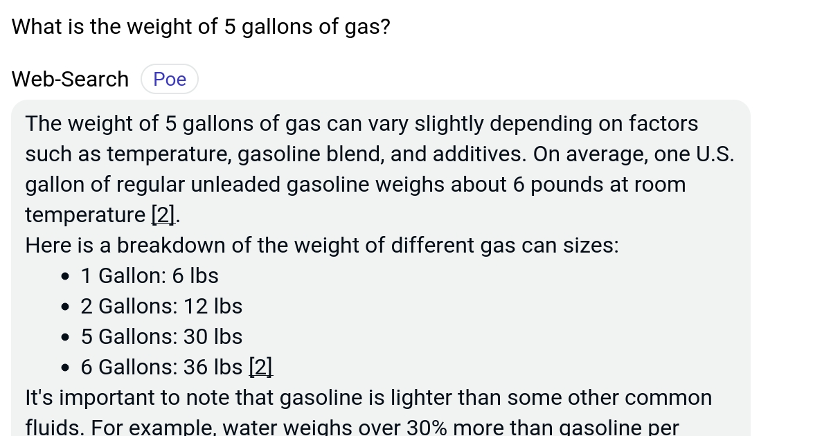 What is the weight of 5 gallons of gas? Poe