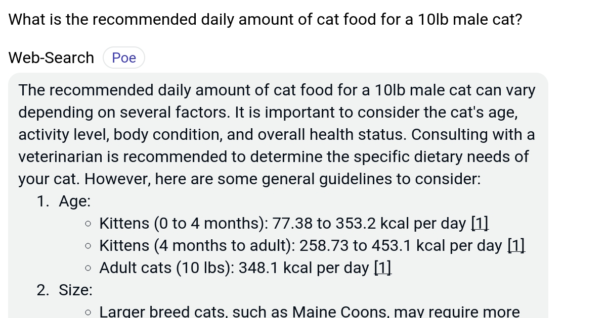 What is the daily amount of cat food for a 10lb male cat? Poe