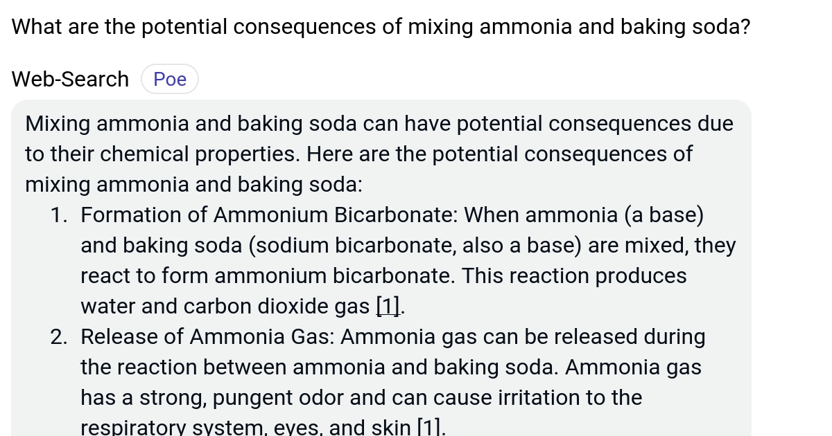 What are the potential consequences of mixing ammonia and baking soda? Poe