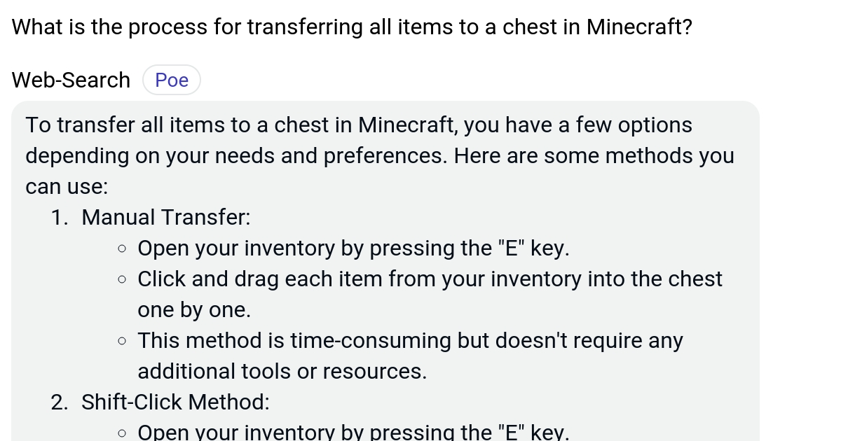 What is the process for transferring all items to a chest in Minecraft