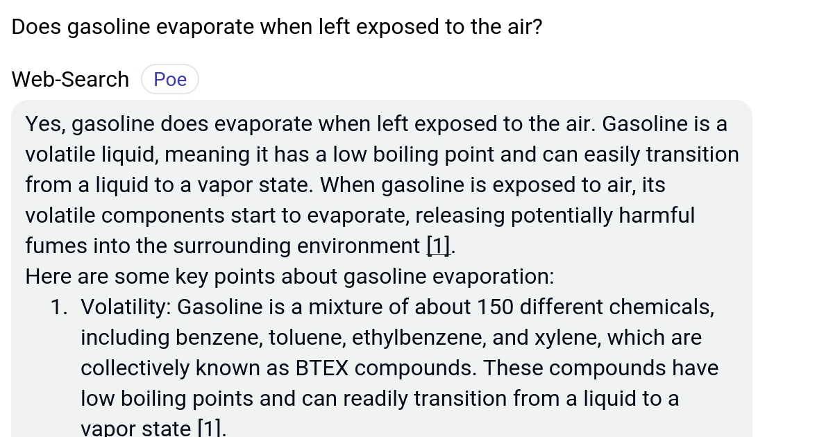 Does gasoline evaporate when left exposed to the air? Poe