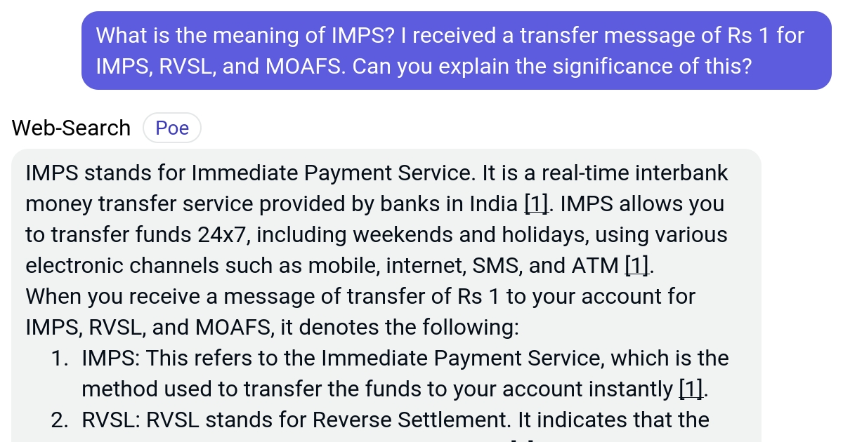 What is the meaning of IMPS? I received a transfer message of Rs 1 for