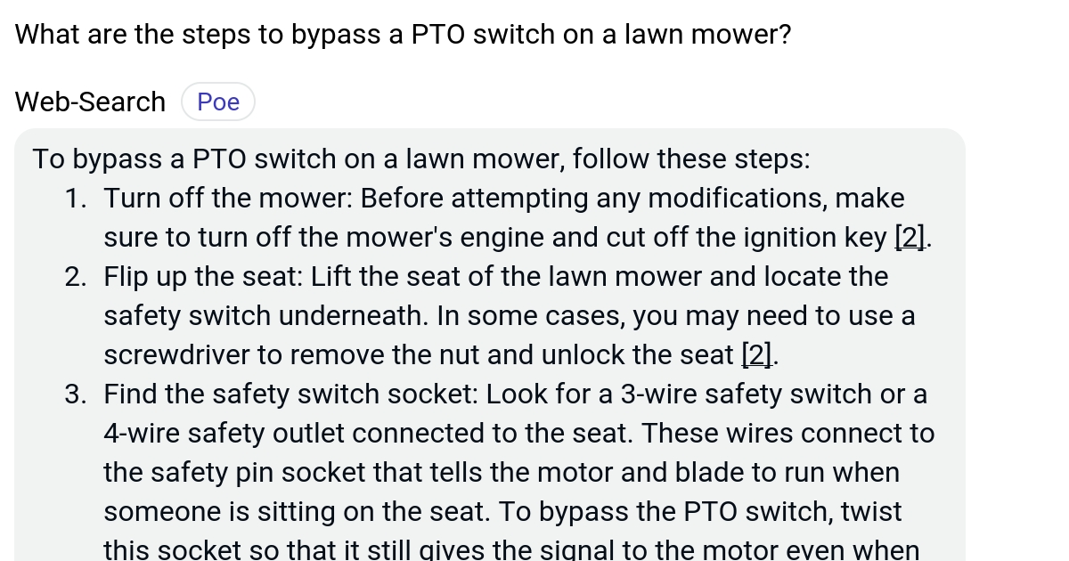 What are the steps to bypass a PTO switch on a lawn mower? Poe