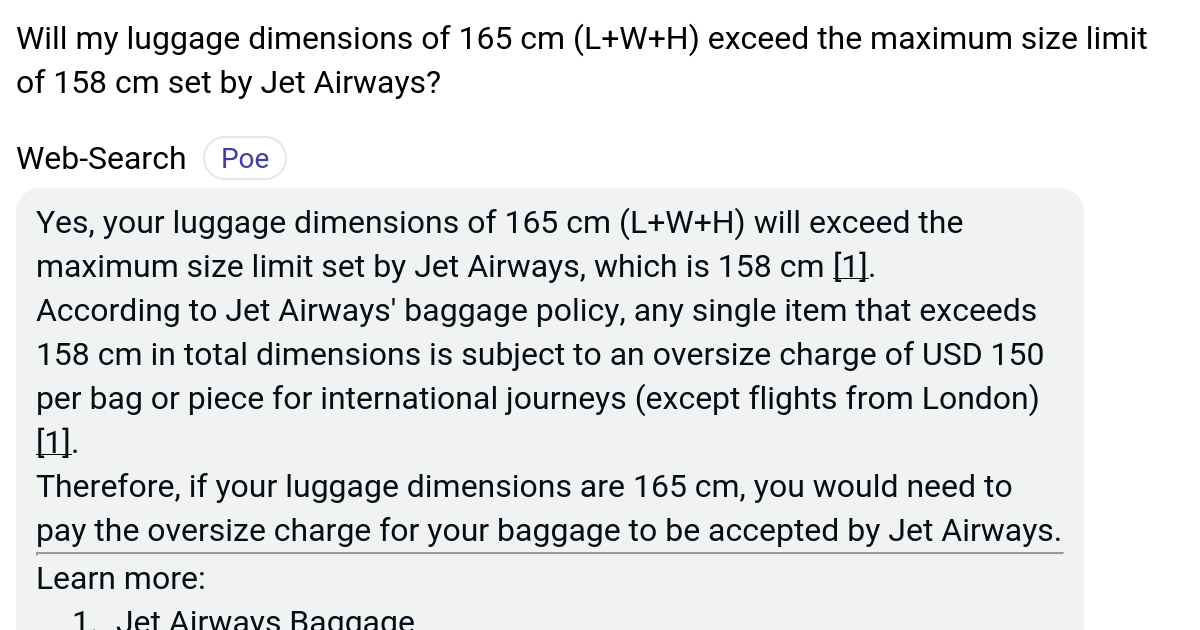 Will my luggage dimensions of 165 cm (L+W+H) exceed the maximum size