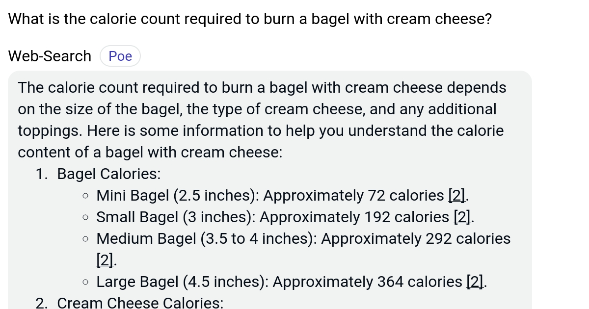 What is the calorie count required to burn a bagel with cream cheese? Poe