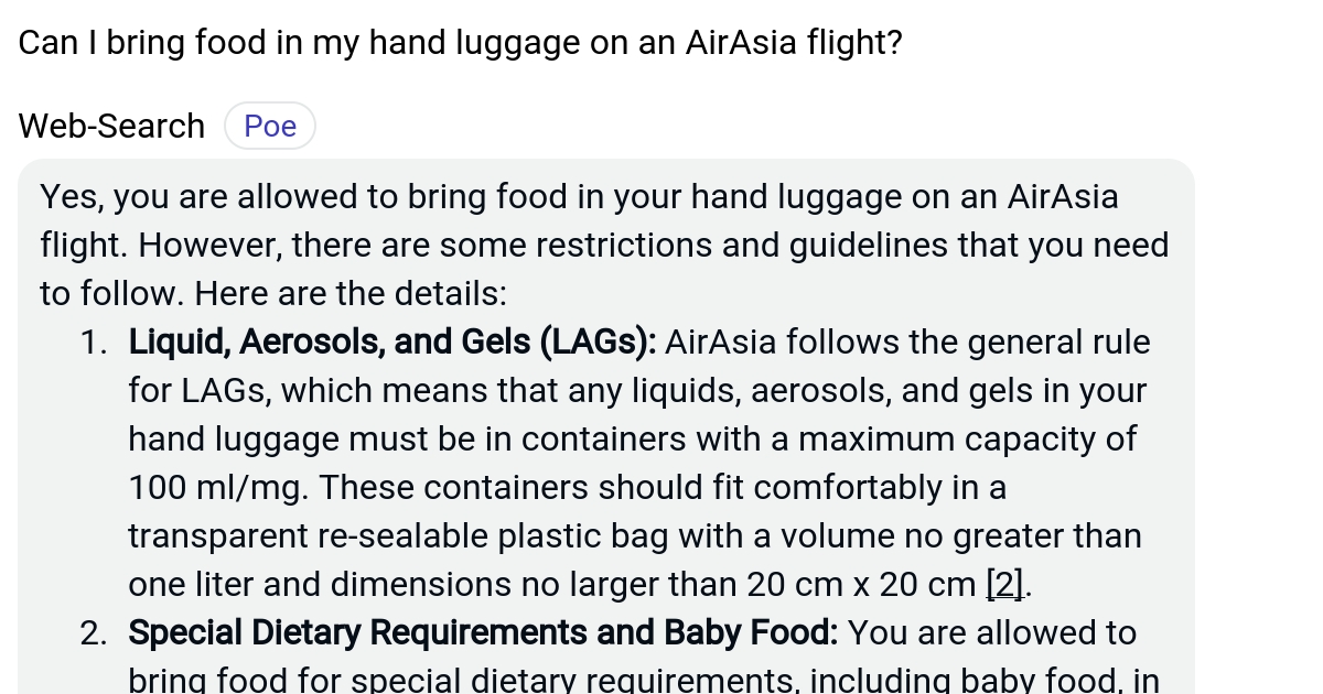 Can I bring food in my hand luggage on an AirAsia flight? Poe