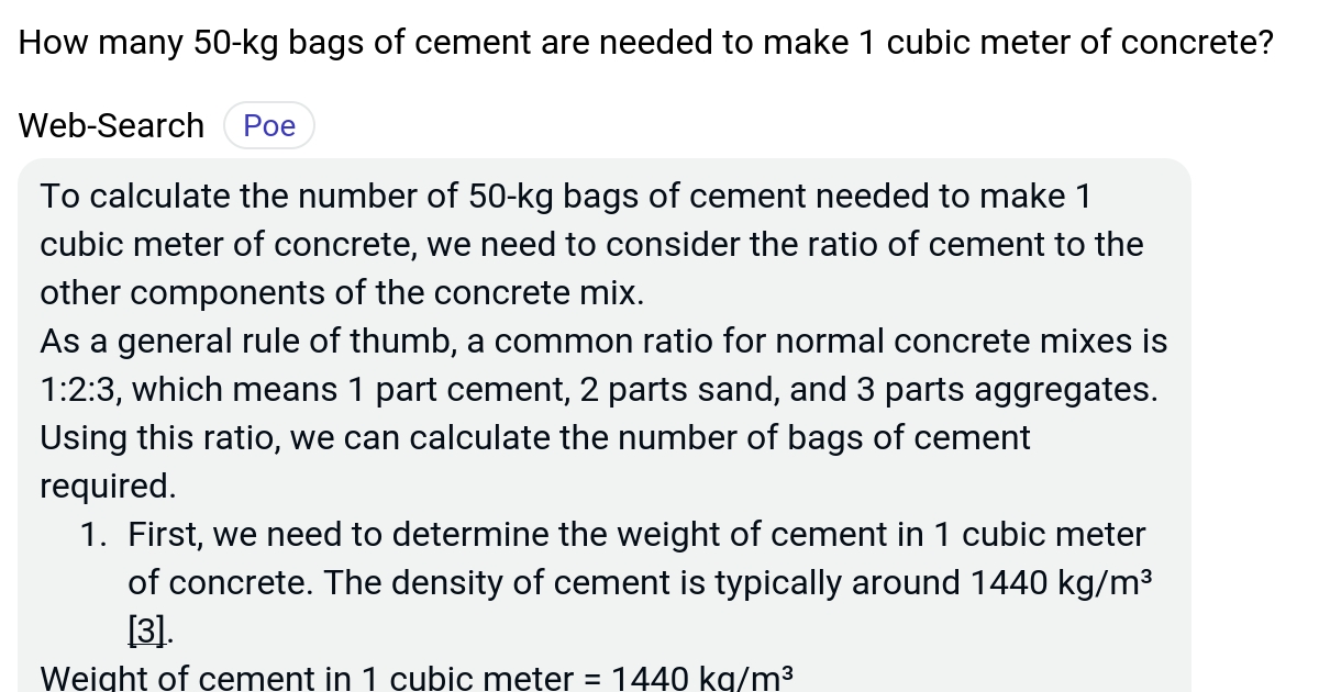 How many 50kg bags of cement are needed to make 1 cubic meter of