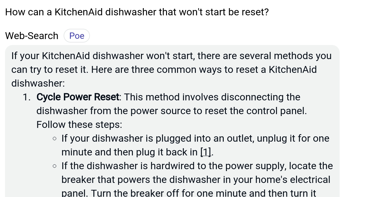 How can a KitchenAid dishwasher that won't start be reset? Poe