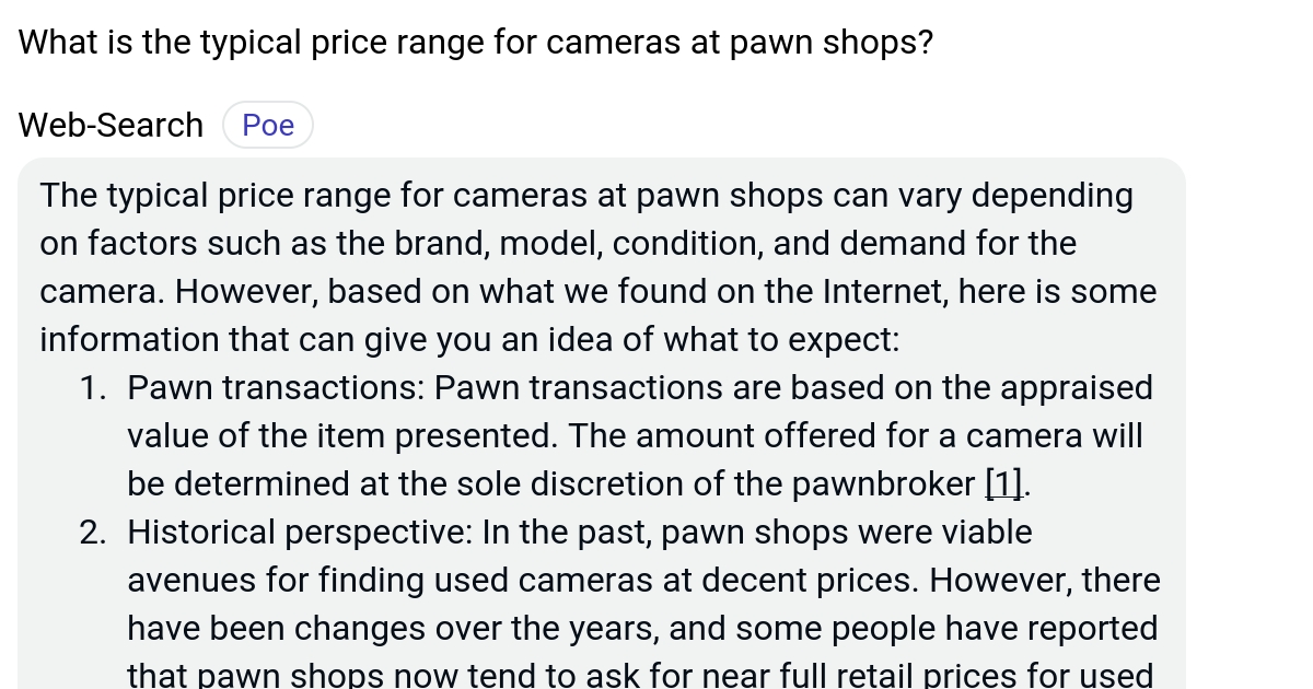 What is the typical price range for cameras at pawn shops? Poe