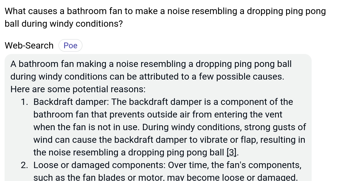 What causes a bathroom fan to make a noise resembling a dropping ping
