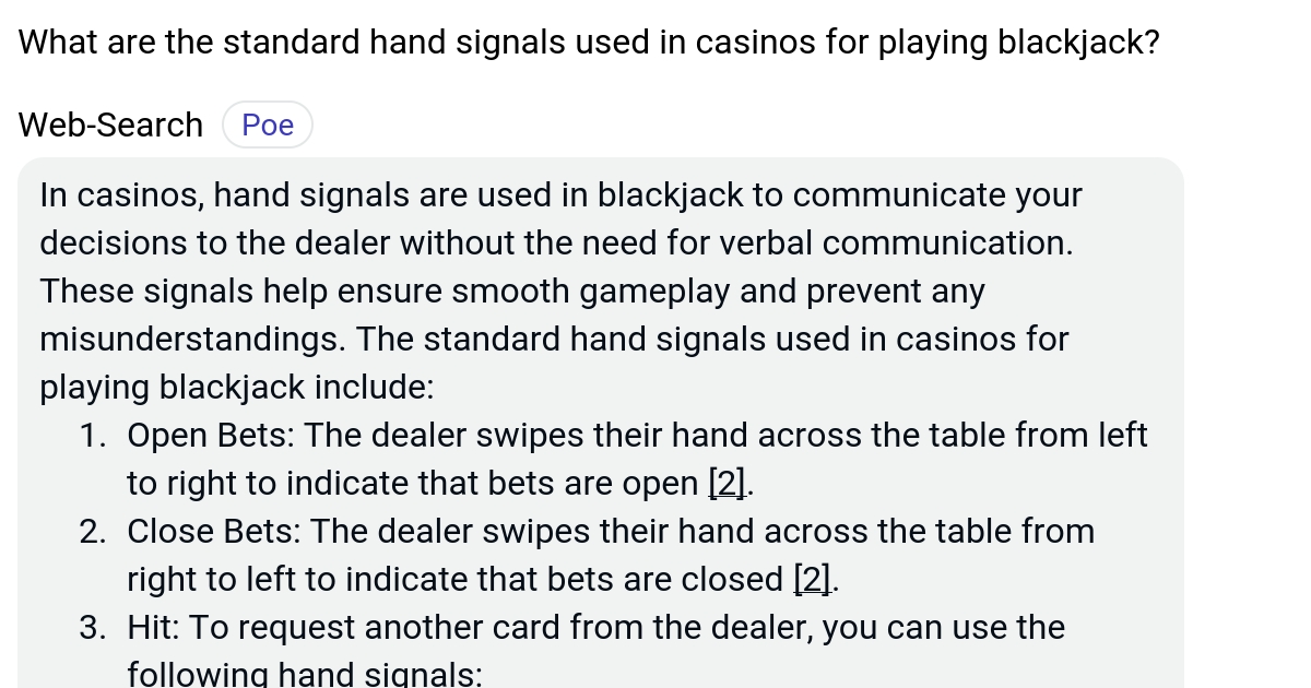 What are the standard hand signals used in casinos for playing