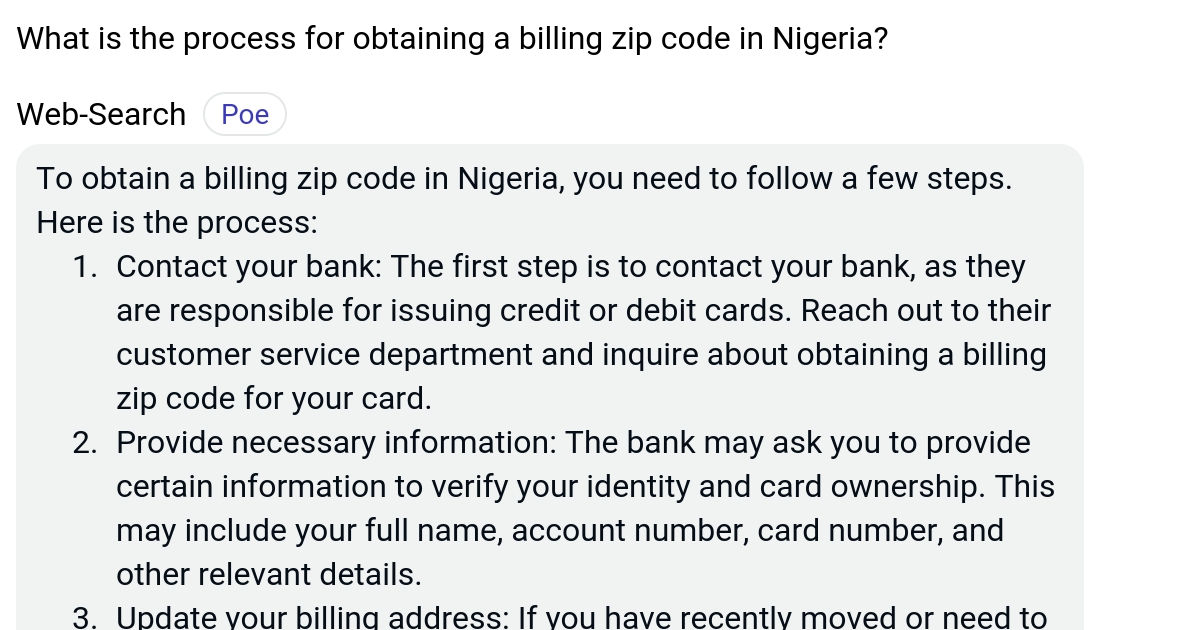 What is the process for obtaining a billing zip code in Nigeria? Poe