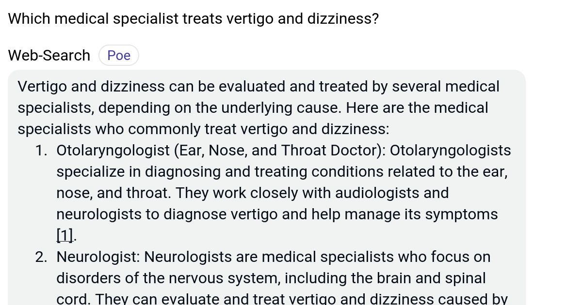 Which medical specialist treats vertigo and dizziness? Poe