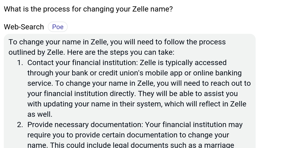 What is the process for changing your Zelle name? Poe
