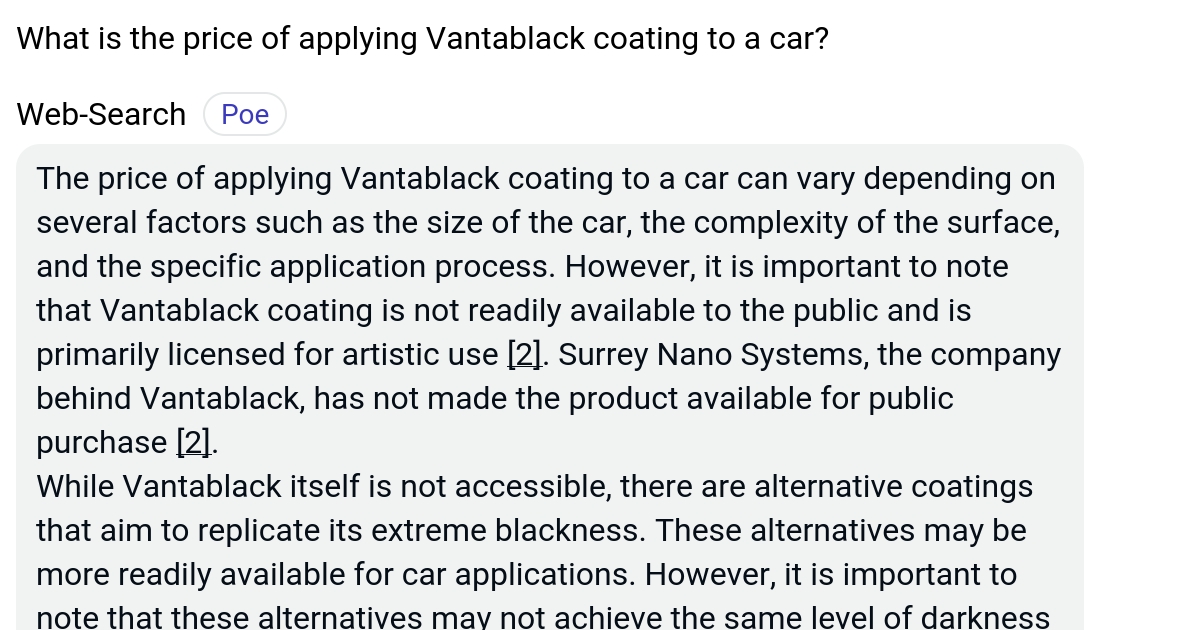 What is the price of applying Vantablack coating to a car? Poe