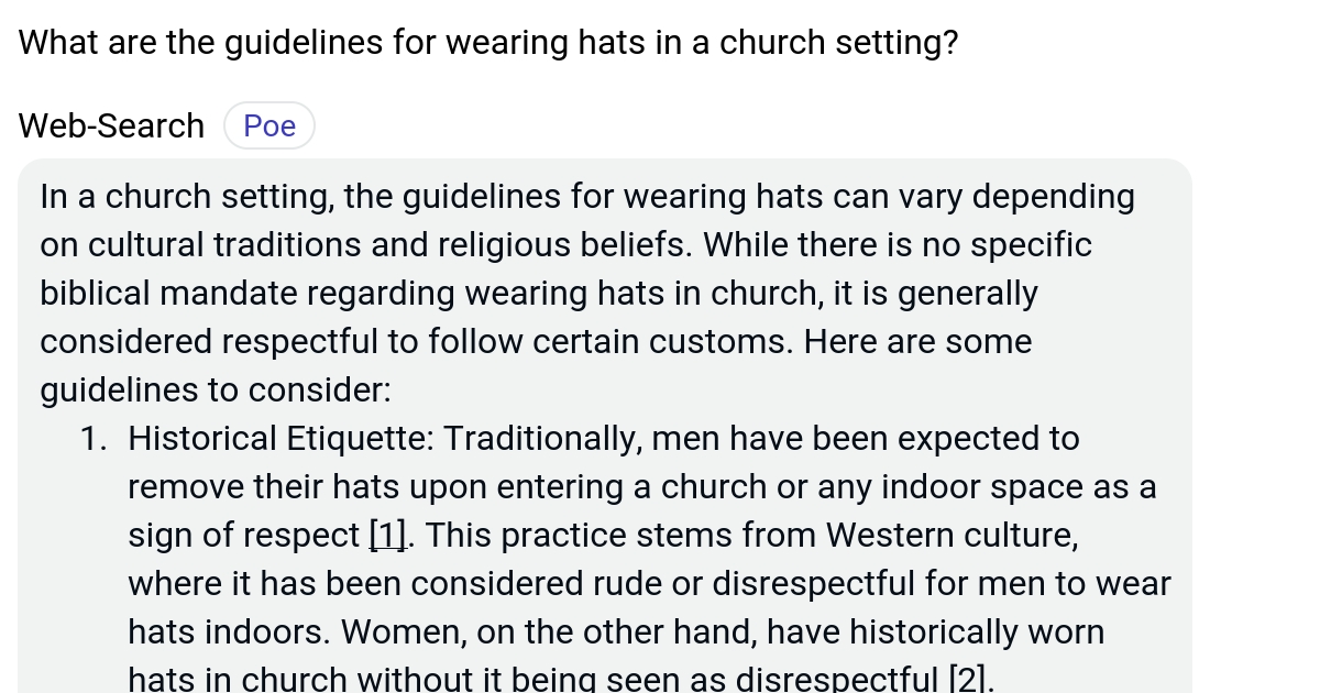 What are the guidelines for wearing hats in a church setting? Poe
