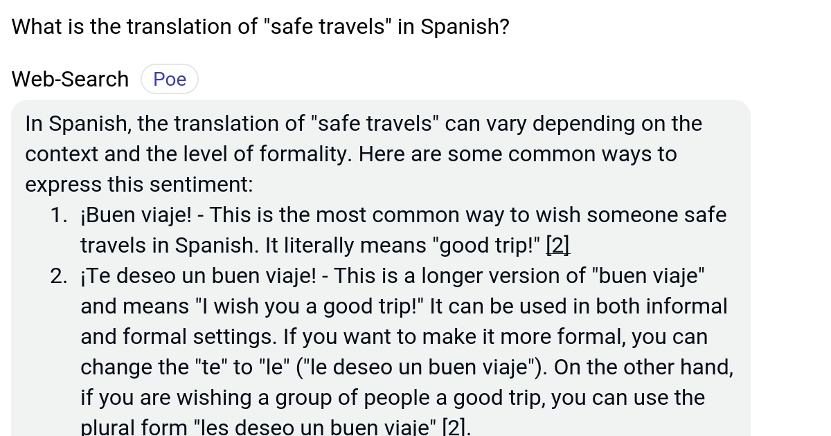 What is the translation of "safe travels" in Spanish? Poe