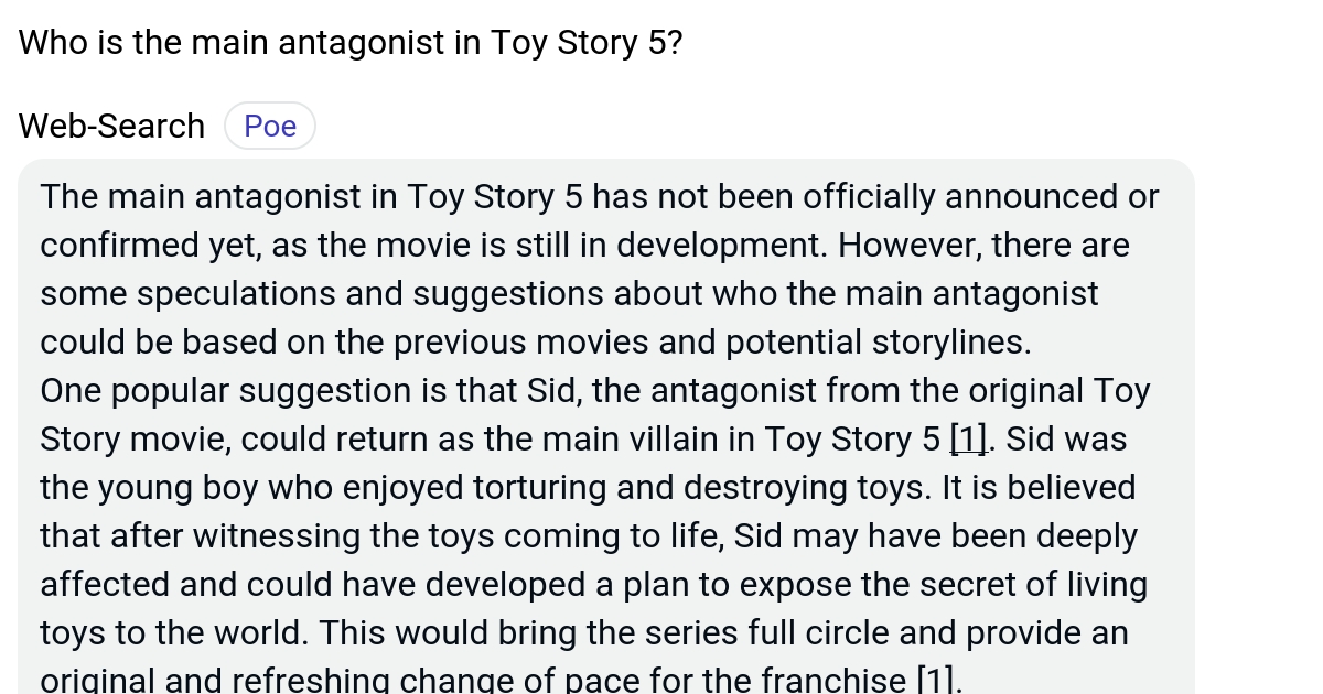 Who is the main antagonist in Toy Story 5? Poe