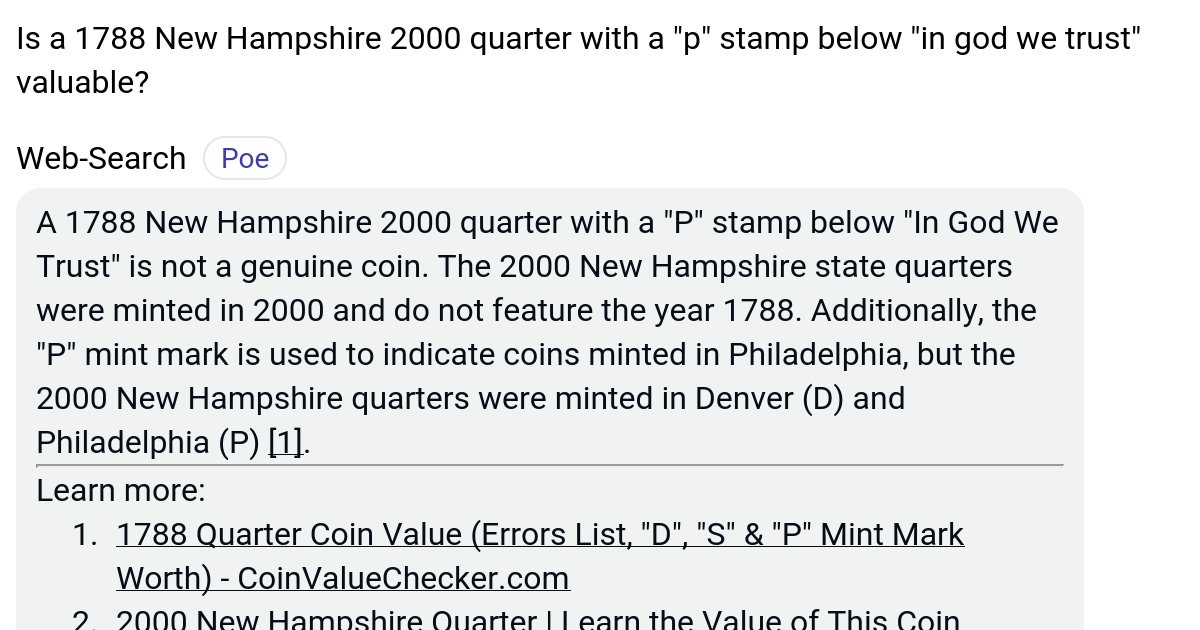 Is a 1788 New Hampshire 2000 quarter with a "p" stamp below "in god we