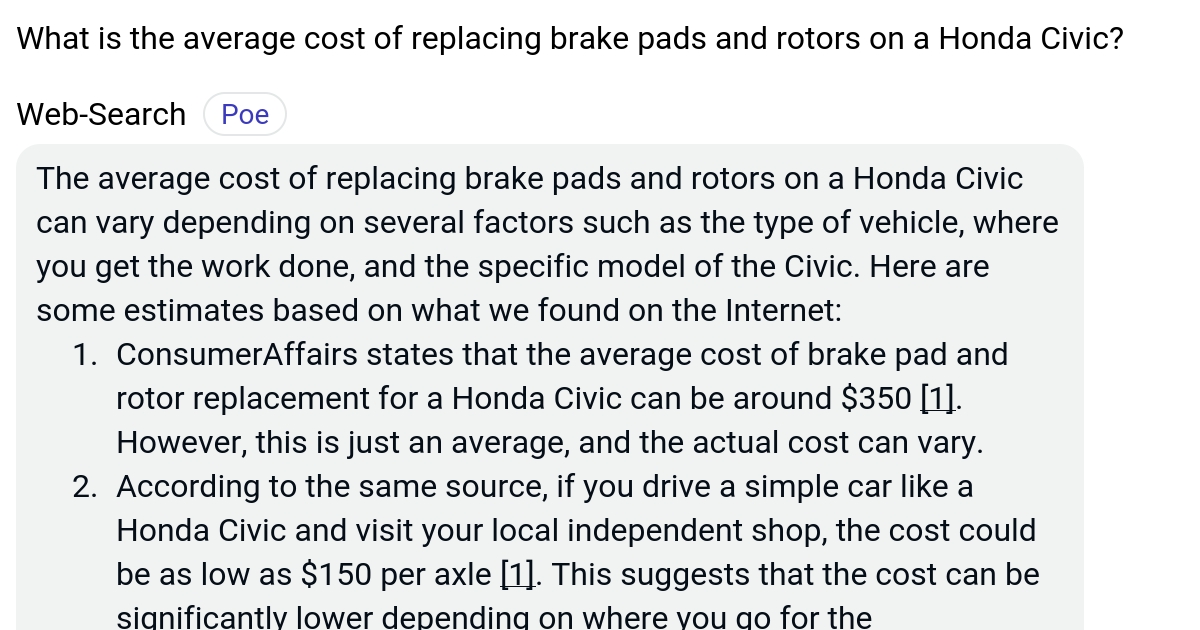 What is the average cost of replacing brake pads and rotors on a Honda Civic? Poe