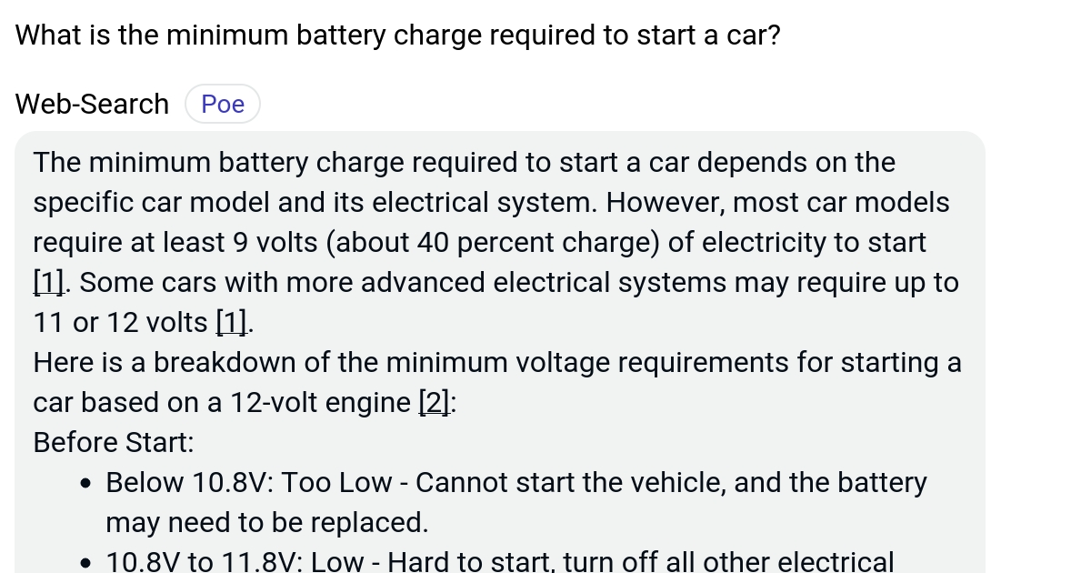 What is the minimum battery charge required to start a car? Poe