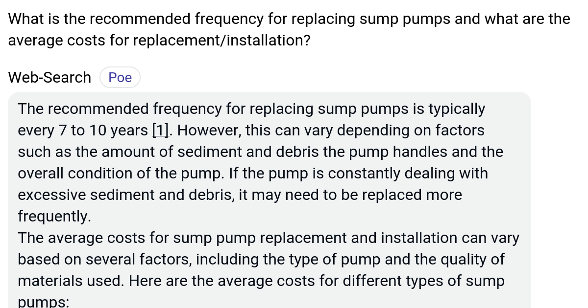 What is the frequency for replacing sump pumps and what are