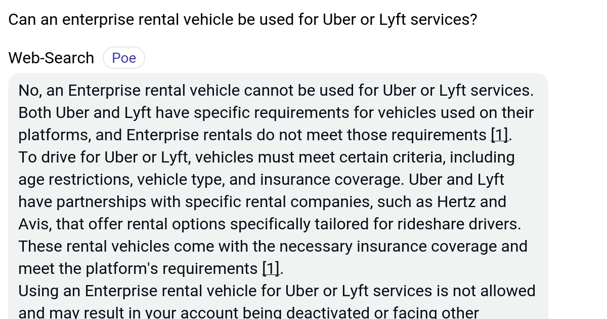 Can an enterprise rental vehicle be used for Uber or Lyft services? Poe
