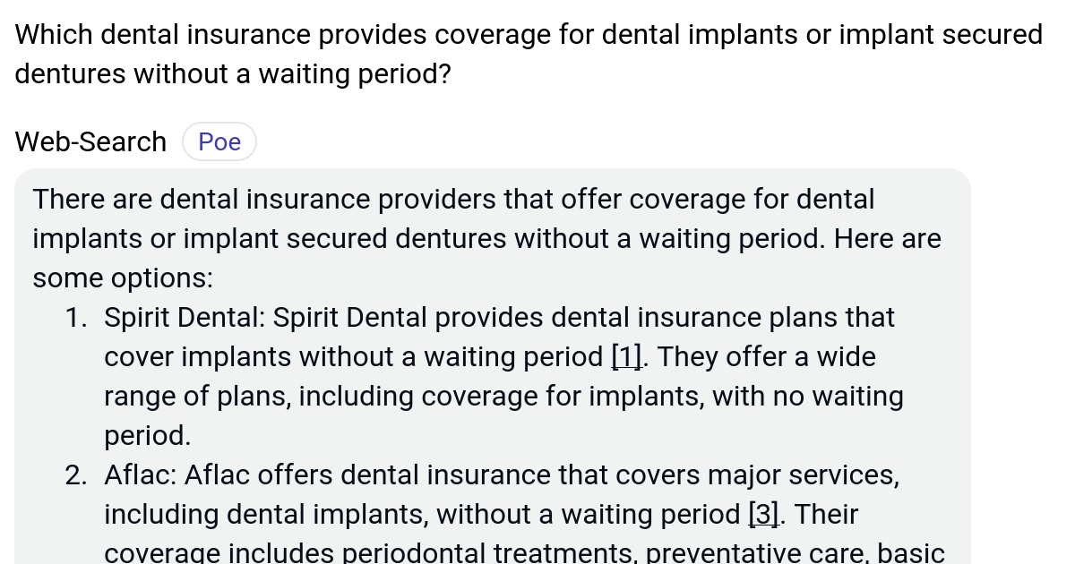 Which dental insurance provides coverage for dental implants or implant secured dentures without
