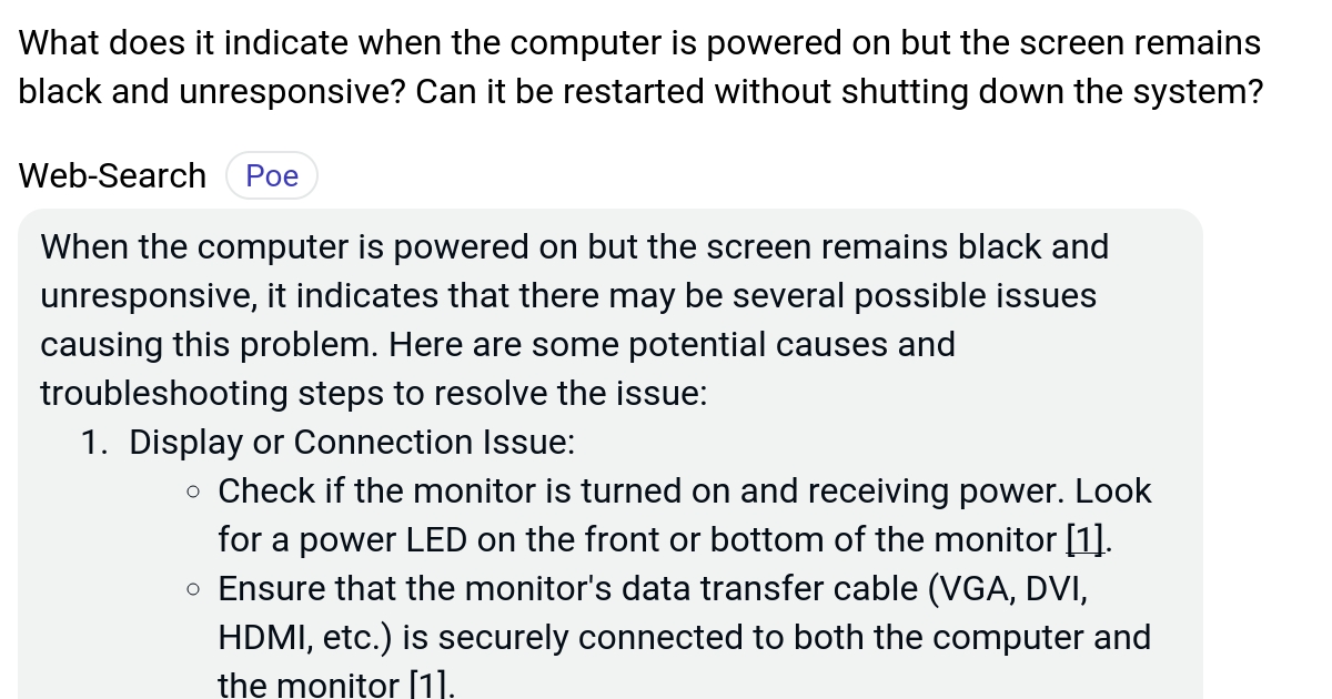 What does it indicate when the computer is powered on but the screen