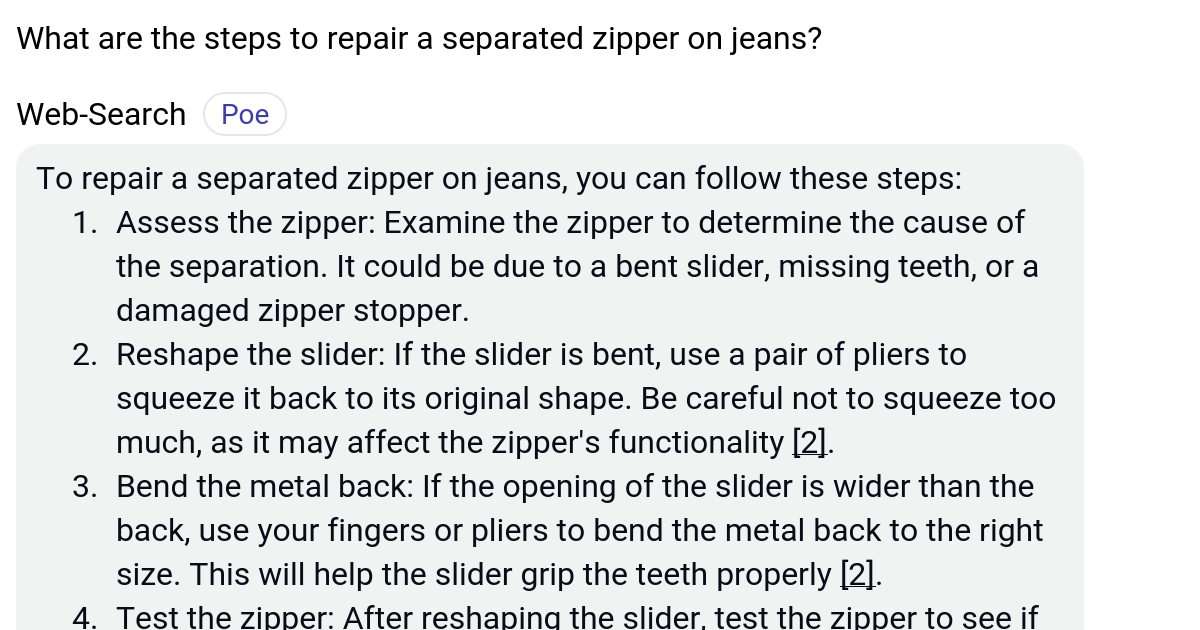 What are the steps to repair a separated zipper on jeans? Poe