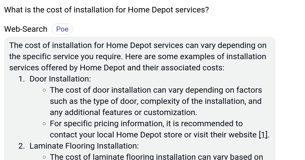 What is the cost of installation for Home Depot services? Poe
