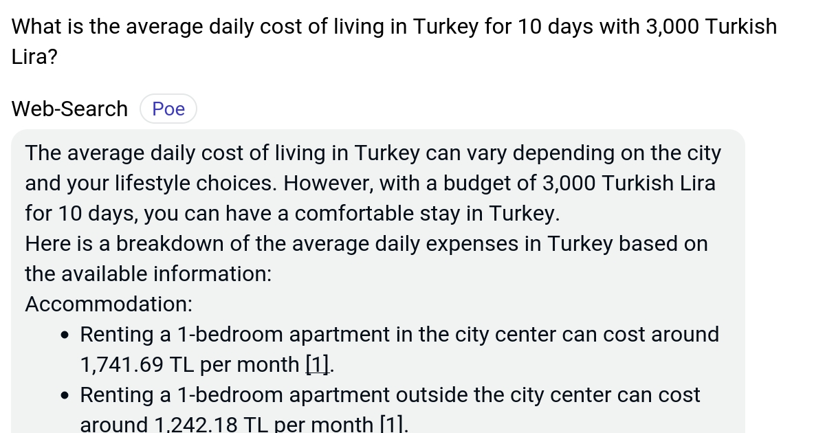 What is the average daily cost of living in Turkey for 10 days with