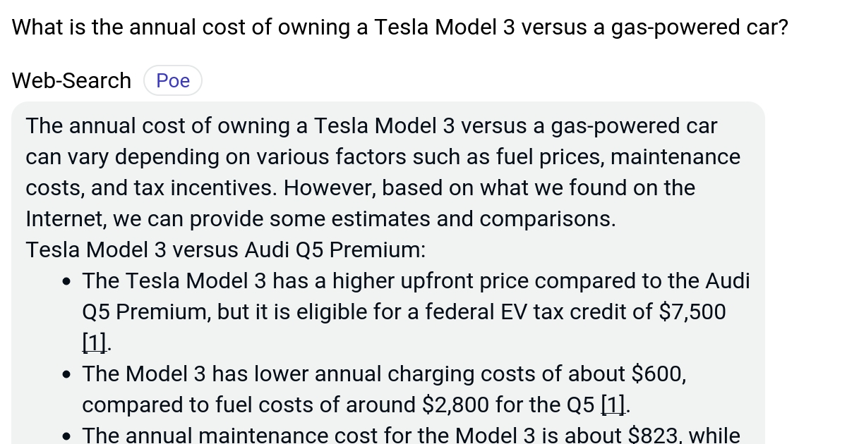What is the annual cost of owning a Tesla Model 3 versus a gaspowered
