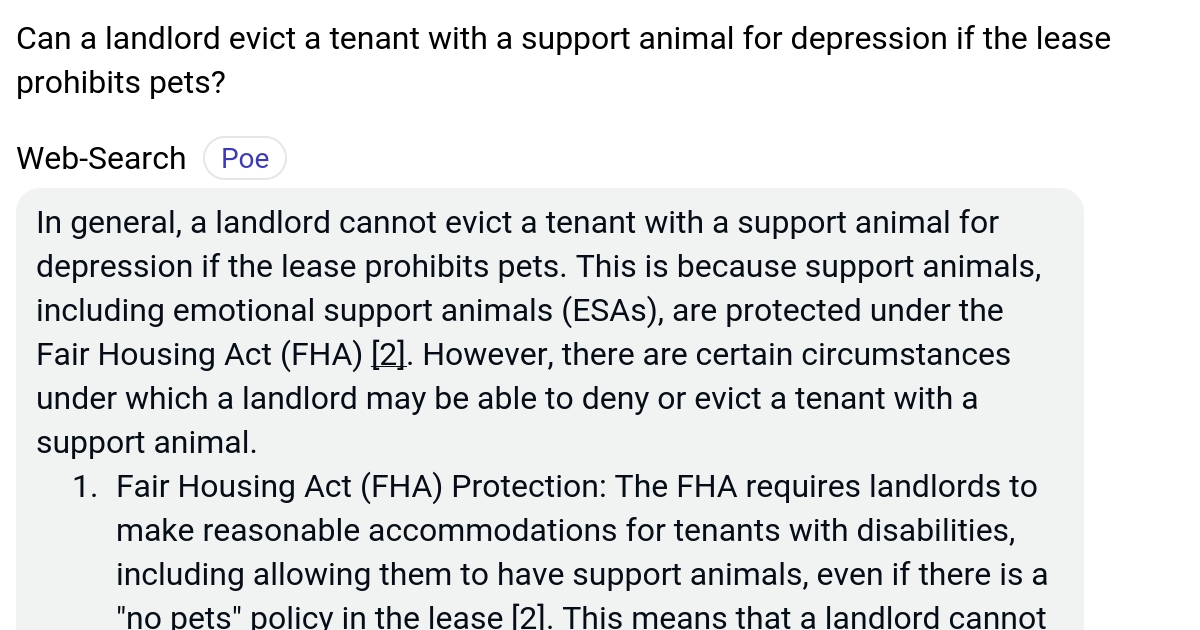 Can a landlord evict a tenant with a support animal for depression if