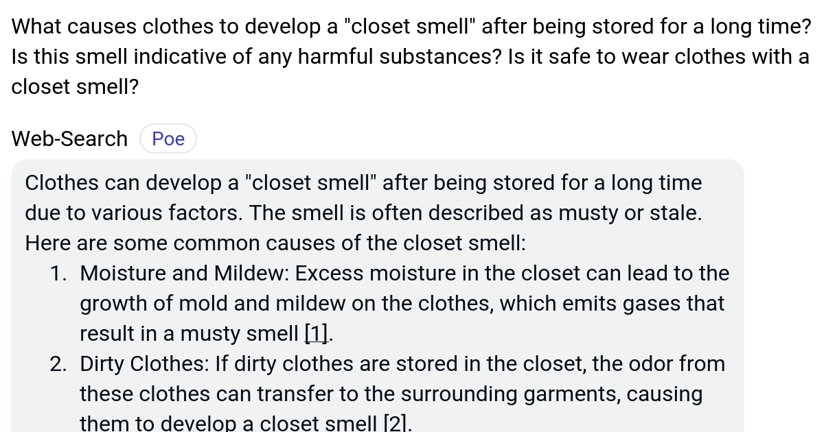 What causes clothes to develop a "closet smell" after being stored for