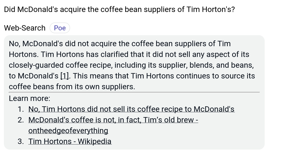 Did McDonald's acquire the coffee bean suppliers of Tim Horton's? Poe