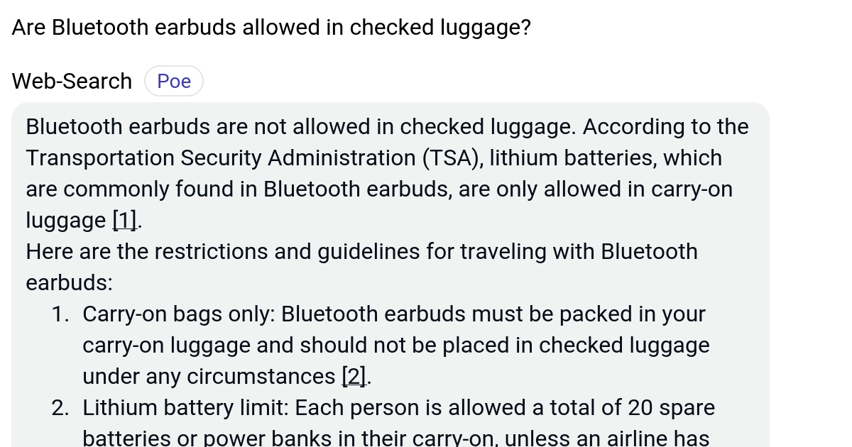Are Bluetooth earbuds allowed in checked luggage? Poe