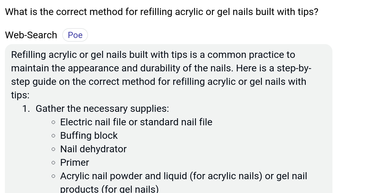 What is the correct method for refilling acrylic or gel nails built