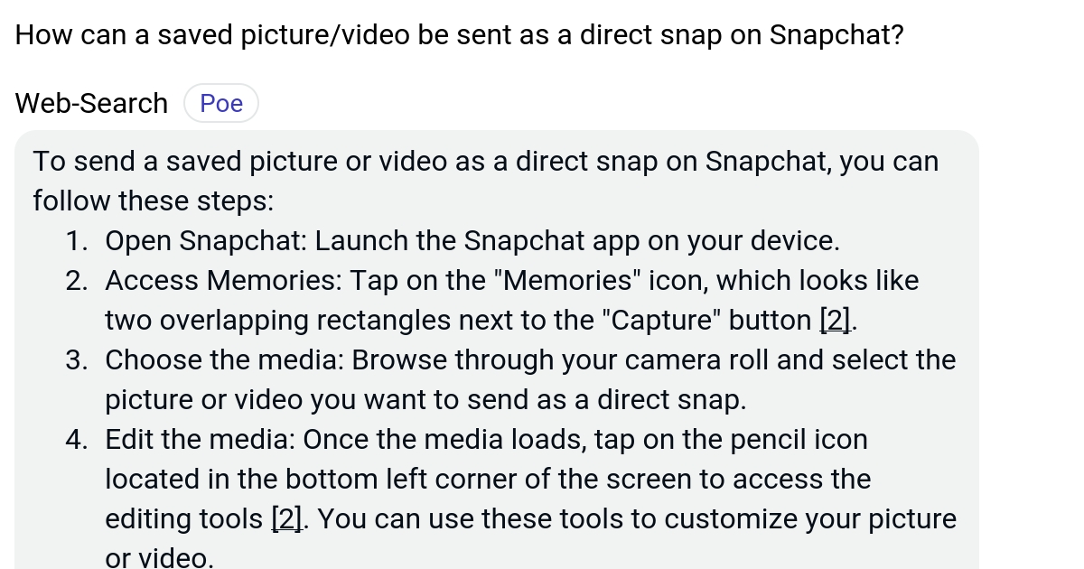 How can a saved picture/video be sent as a direct snap on Snapchat? Poe