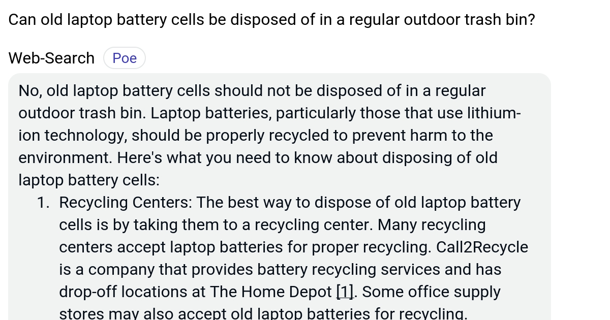 Can old laptop battery cells be disposed of in a regular outdoor trash