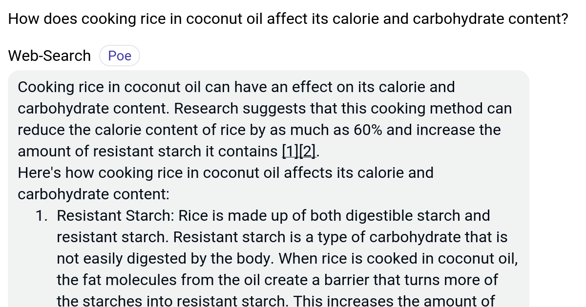 How does cooking rice in coconut oil affect its calorie and
