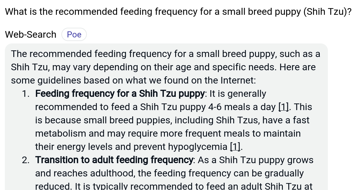What is the feeding frequency for a small breed puppy (Shih