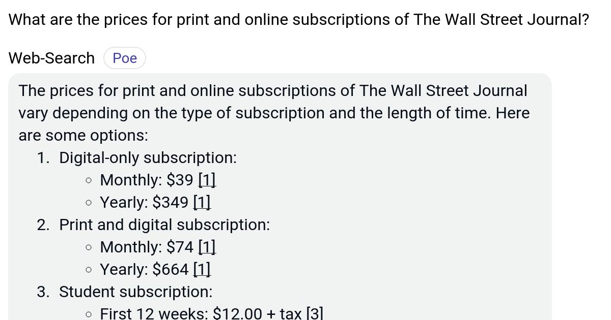 What are the prices for print and online subscriptions of The Wall Street Journal? Poe