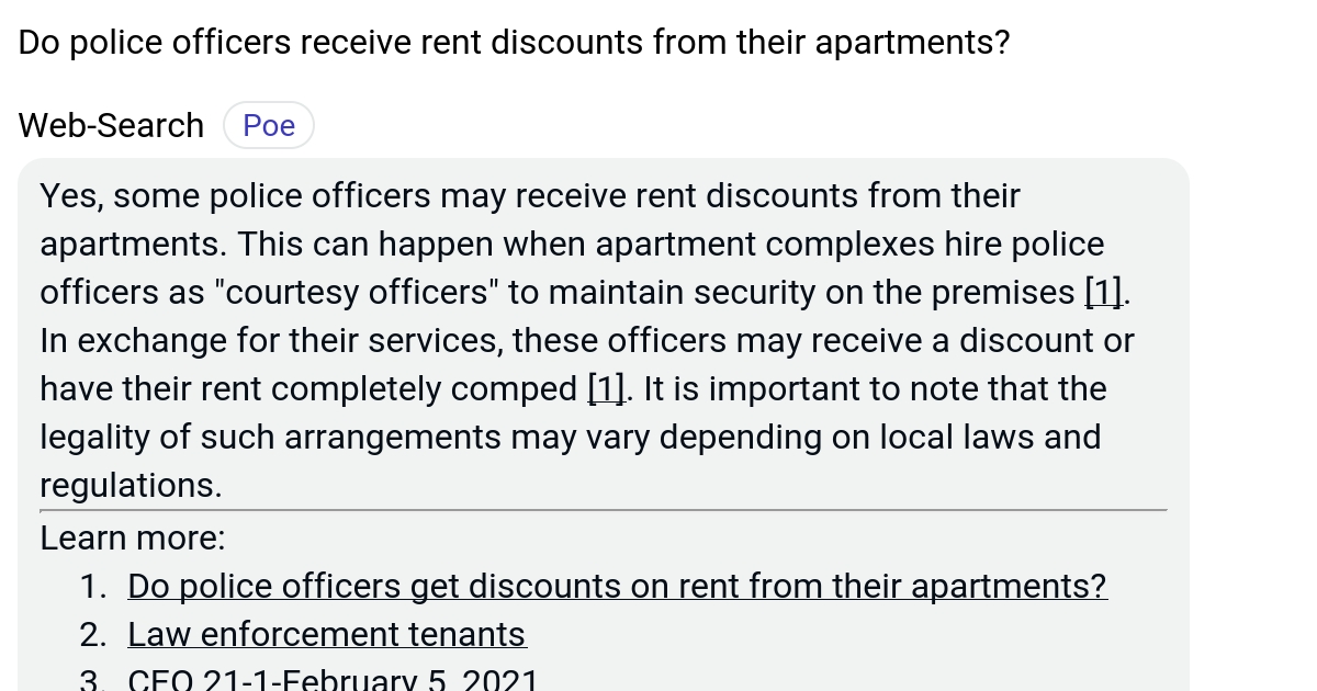 Do police officers receive rent discounts from their apartments? Poe