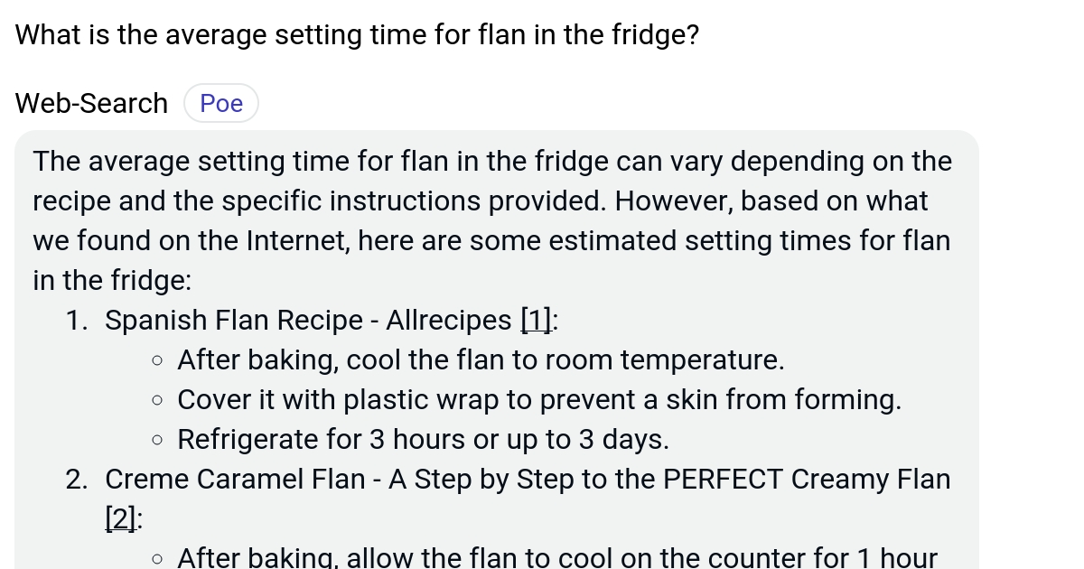 What is the average setting time for flan in the fridge? Poe