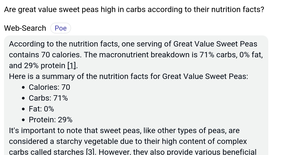 Are great value sweet peas high in carbs according to their nutrition